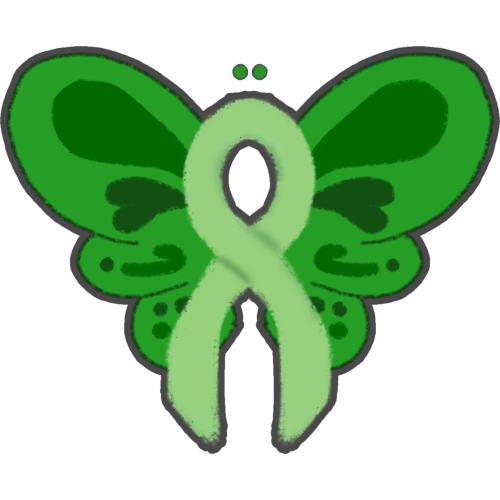 a  green butterfly with round wings and a body made of a light green awareness ribbon.